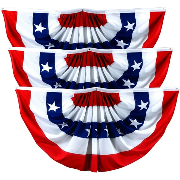G128 3pk Fan Flags, 1.5x3 ft, Printed 150D Polyester, 4th of July Patriotic Decoration Bunting