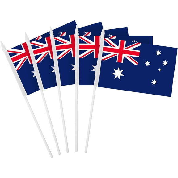 G128 10 Pack Handheld Australia Australian Stick Flags | 4x6 In | Printed 150D Polyester, Country Flag, Solid Plastic Stick, Spear White Tip