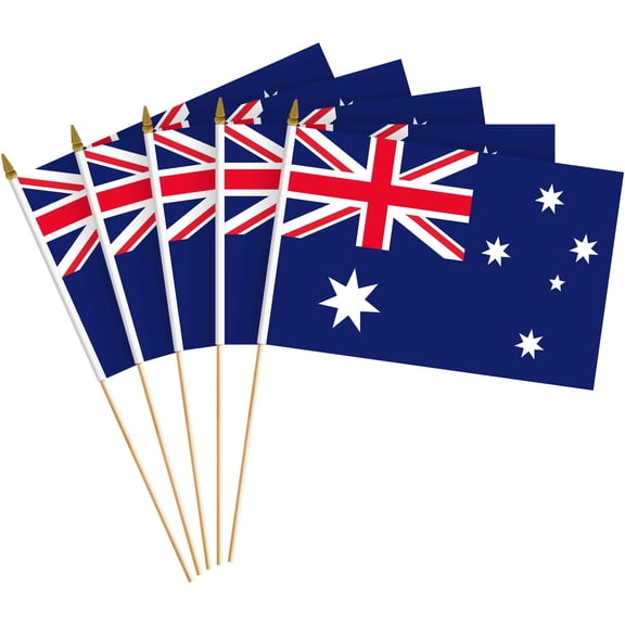 G128 10 Pack Handheld Australia Australian Stick Flags | 8x12 In | Printed 150D Polyester, Country Flag, Solid Plastic Stick, Spear White Tip