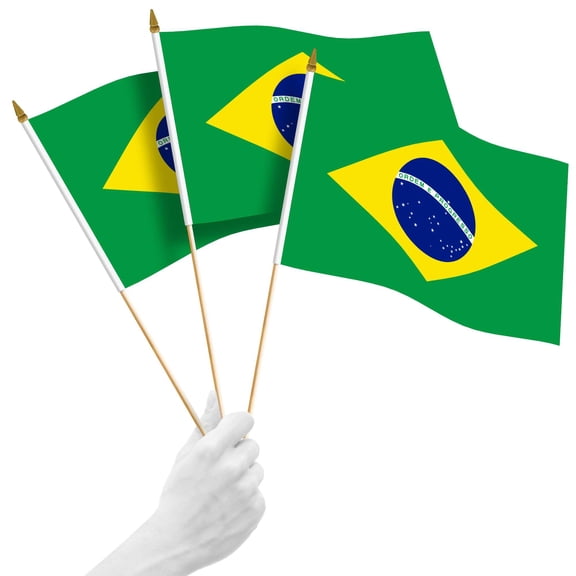 G128 10 Pack Handheld Brazil Brazilian Stick Flags | 12x18 In | Printed 150D Polyester, Country Flag, Solid Plastic Stick, Spear White Tip