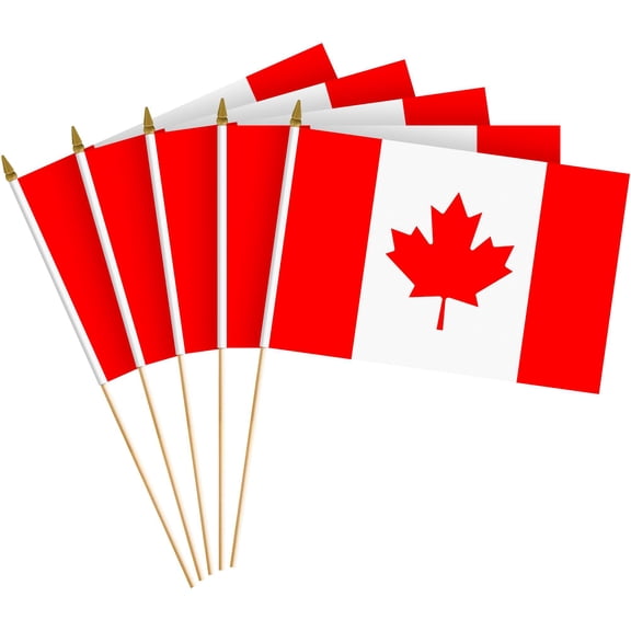 G128 10 Pack Handheld Canada Canadian Stick Flags | 8x12 In | Printed 150D Polyester, Country Flag, Solid Plastic Stick, Spear White Tip