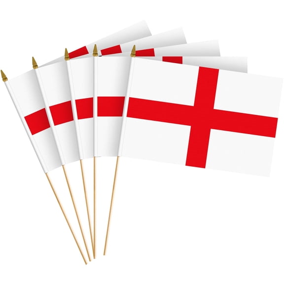G128 10 Pack Handheld England Stick Flags | 8x12 In | Printed 150D Polyester, Country Flag, Solid Plastic Stick, Spear White Tip