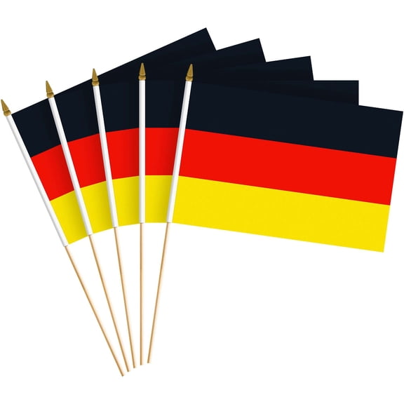 G128 10 Pack Handheld Germany German Stick Flags | 8x12 In | Printed 150D Polyester, Country Flag, Solid Plastic Stick, Spear White Tip
