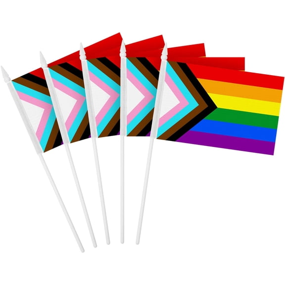 G128 10 Pack Handheld LGBT Progress Rainbow Pride Stick Flags | 4x6 In | Printed 150D Polyester, Country Flag, Solid Plastic Stick, Spear White Tip
