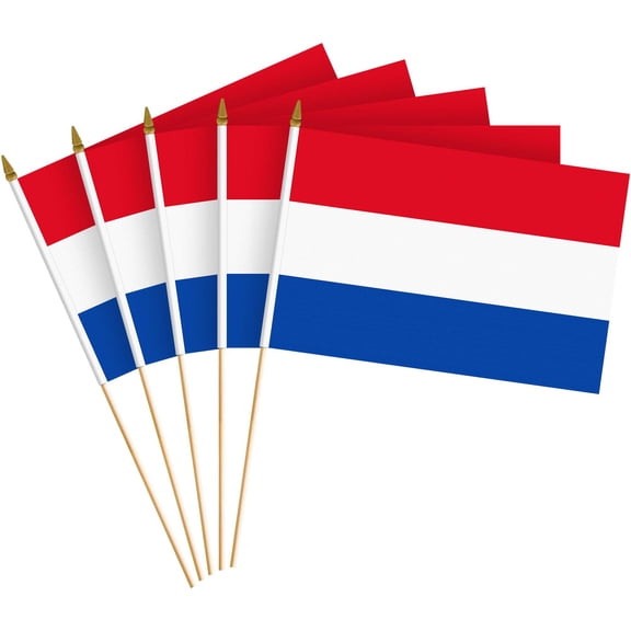 G128 10 Pack Handheld Netherlands Dutch Stick Flags | 8x12 In | Printed 150D Polyester, Country Flag, Solid Plastic Stick, Spear White Tip