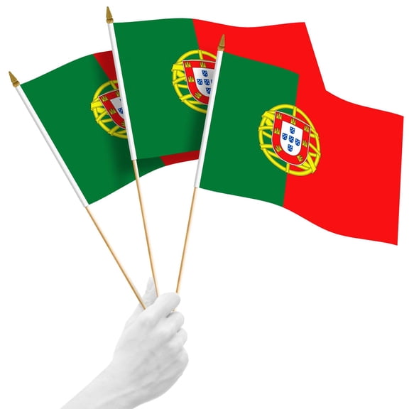 G128 10 Pack Handheld Portugal Portuguese Stick Flags | 12x18 In | Printed 150D Polyester, Country Flag, Solid Plastic Stick, Spear White Tip