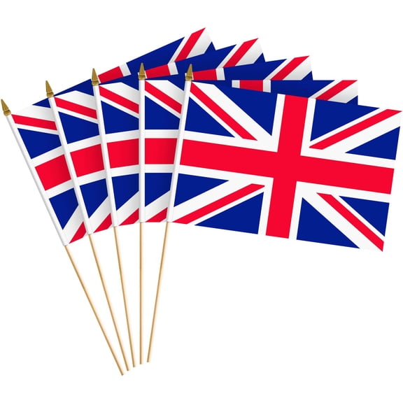 G128 10 Pack Handheld United Kingdom UK Stick Flags | 8x12 In | Printed 150D Polyester, Country Flag, Solid Plastic Stick, Spear White Tip