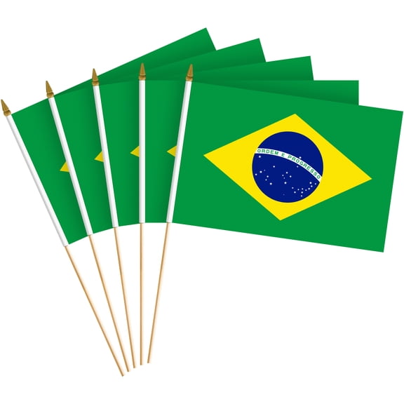 G128 12 Pack Handheld Brazil Brazilian Stick Flags | 8x12 In | Printed 150D Polyester, Country Flag, Solid Wooden Stick, Spear Gold Tip