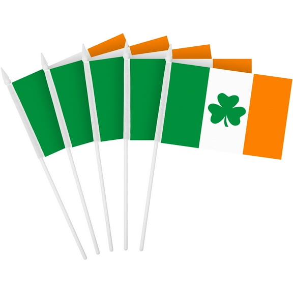 G128 12 Pack Handheld Ireland Shamrock Irish Stick Flags | 4x6 In | Printed 150D Polyester, Country Flag, Solid Plastic Stick, Spear White Tip