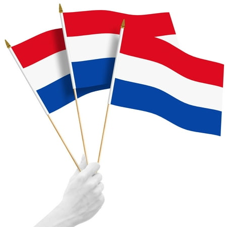G128 12 Pack Handheld Netherlands Dutch Stick Flags | 12x18 In | Printed 150D Polyester, Country Flag, Solid Wooden Stick, Spear Gold Tip