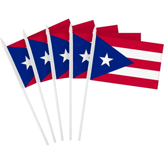 G128 12 Pack Handheld Puerto Rico Puerto Rican Stick Flags | 4x6 In | Printed 150D Polyester, Country Flag, Solid Plastic Stick, Spear White Tip