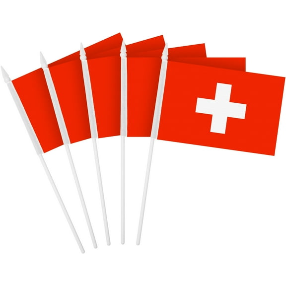 G128 12 Pack Handheld Switzerland Swiss Stick Flags | 4x6 In | Printed 150D Polyester, Country Flag, Solid Plastic Stick, Spear White Tip