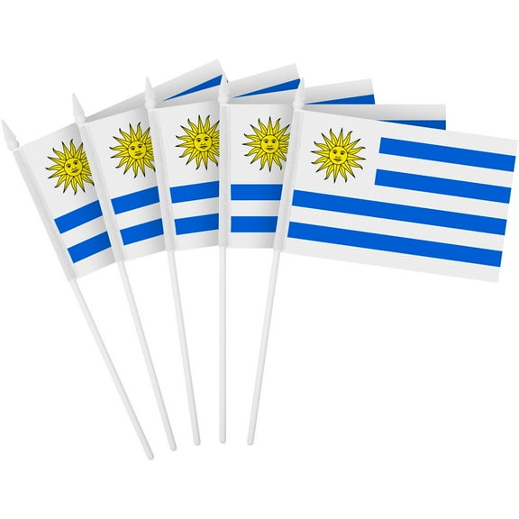 G128 12 Pack Handheld Uruguay Uruguayan Stick Flags | 4x6 In | Printed 150D Polyester, Country Flag, Solid Plastic Stick, Spear White Tip