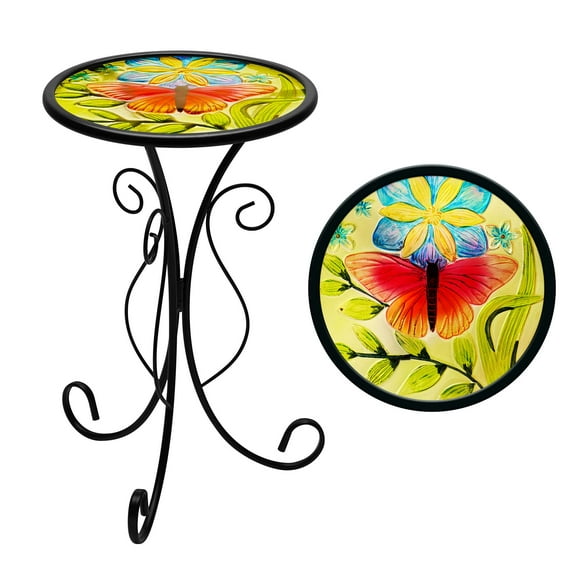 G128 12 in Round Glass Outdoor Side Table Butterfly Pattern | Decorative Plant Stand, Small End Table for Garden Patio Porch Living Room