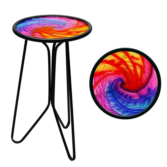 G128 12 in Round Glass Outdoor Side Table Mixed Color Pattern | Decorative Plant Stand, Small End Table for Garden Patio Porch Living Room