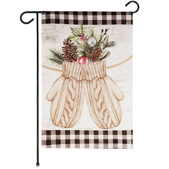 G128-12"x18" Christmas Decoration Double-Sided Garden Flag| Mittens with Evergreen Arrangement