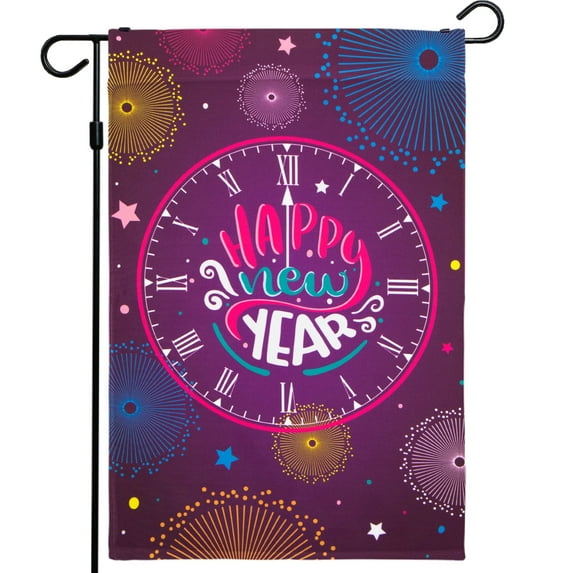 G128 12"x18" Happy New Year Garden Flag, Outdoor New Year Holiday Decor - Clock Striking Midnight