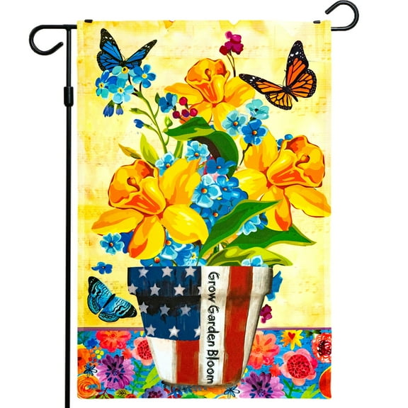 G128- 12"x18 Spring Garden Flag for Outside Flower Pot with Butterflies, Outdoor Decoration
