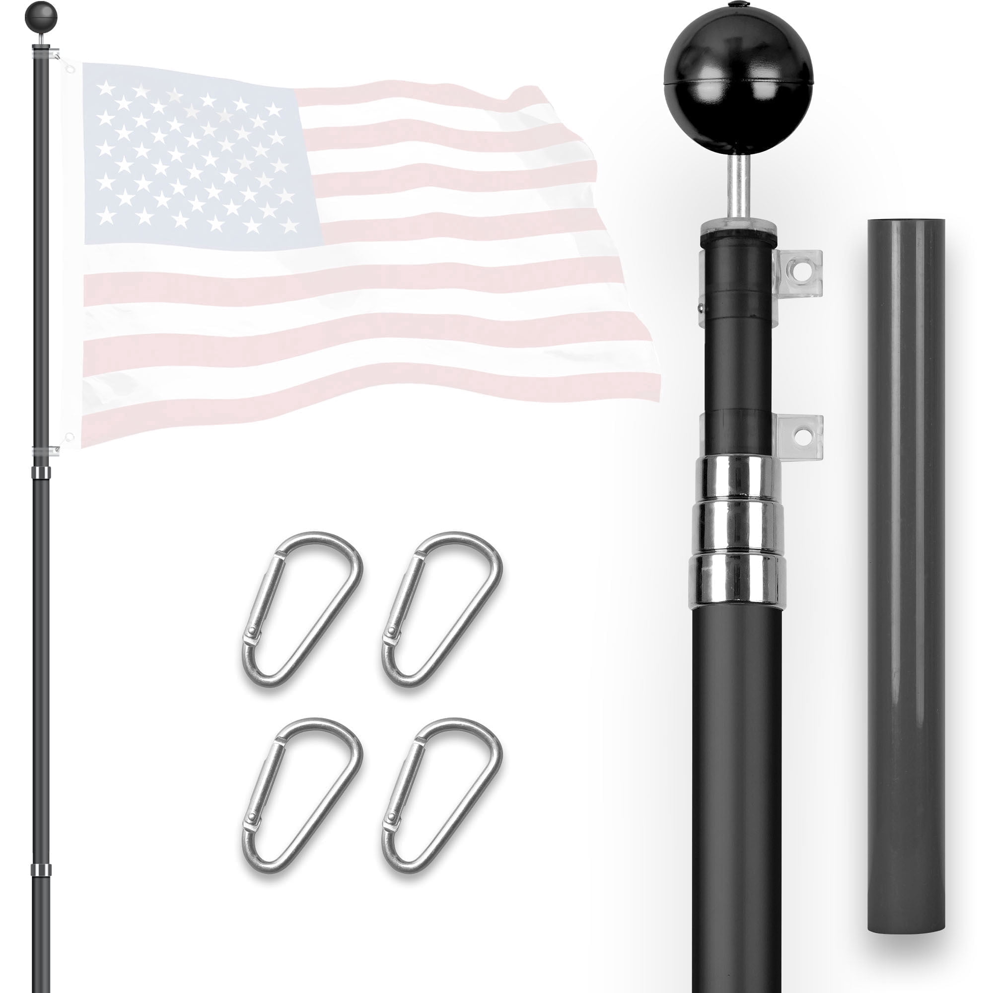 G128-16 Ft Telescoping Flag Pole Aluminum Black | Flag Poles for Outdoor/Ground Heavy Duty | Flag EXCLUDED