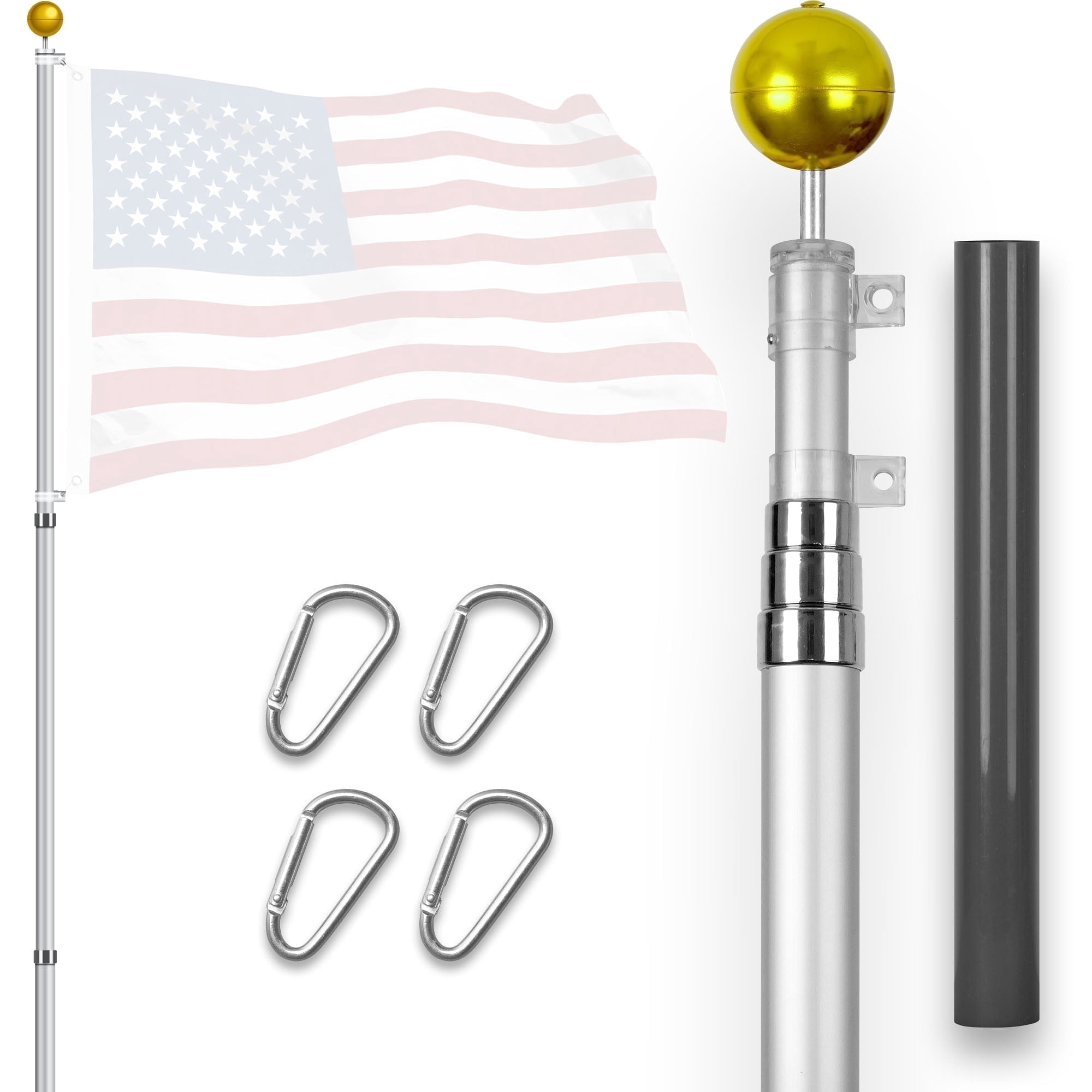 G128-16 Ft Telescoping Flag Pole Aluminum Silver |Flag Poles for Outdoor/Ground Heavy Duty | Flag EXCLUDED