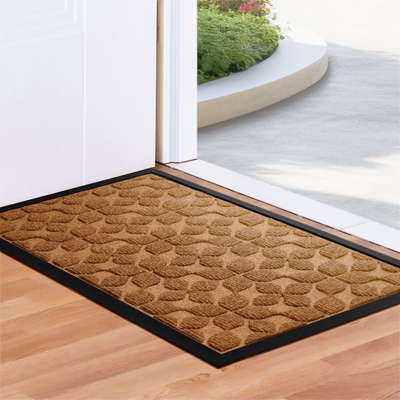 G128 17x29in Brown Floral Geometric Welcome Mat, Outdoor Front Door Rug for Entryway, Durable Doormat for Porch, Patio, or Indoor/Outdoor Use