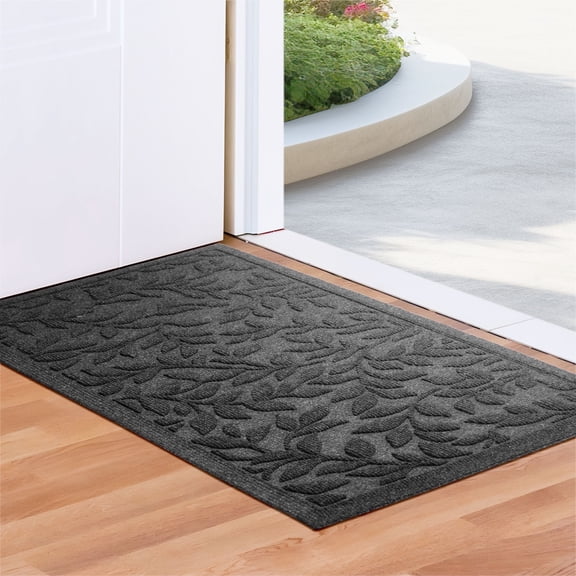 G128 17x29in Grey Leaf Welcome Mat, Outdoor Front Door Rug for Entryway, Durable Doormat for Porch, Patio, or Indoor/Outdoor Use