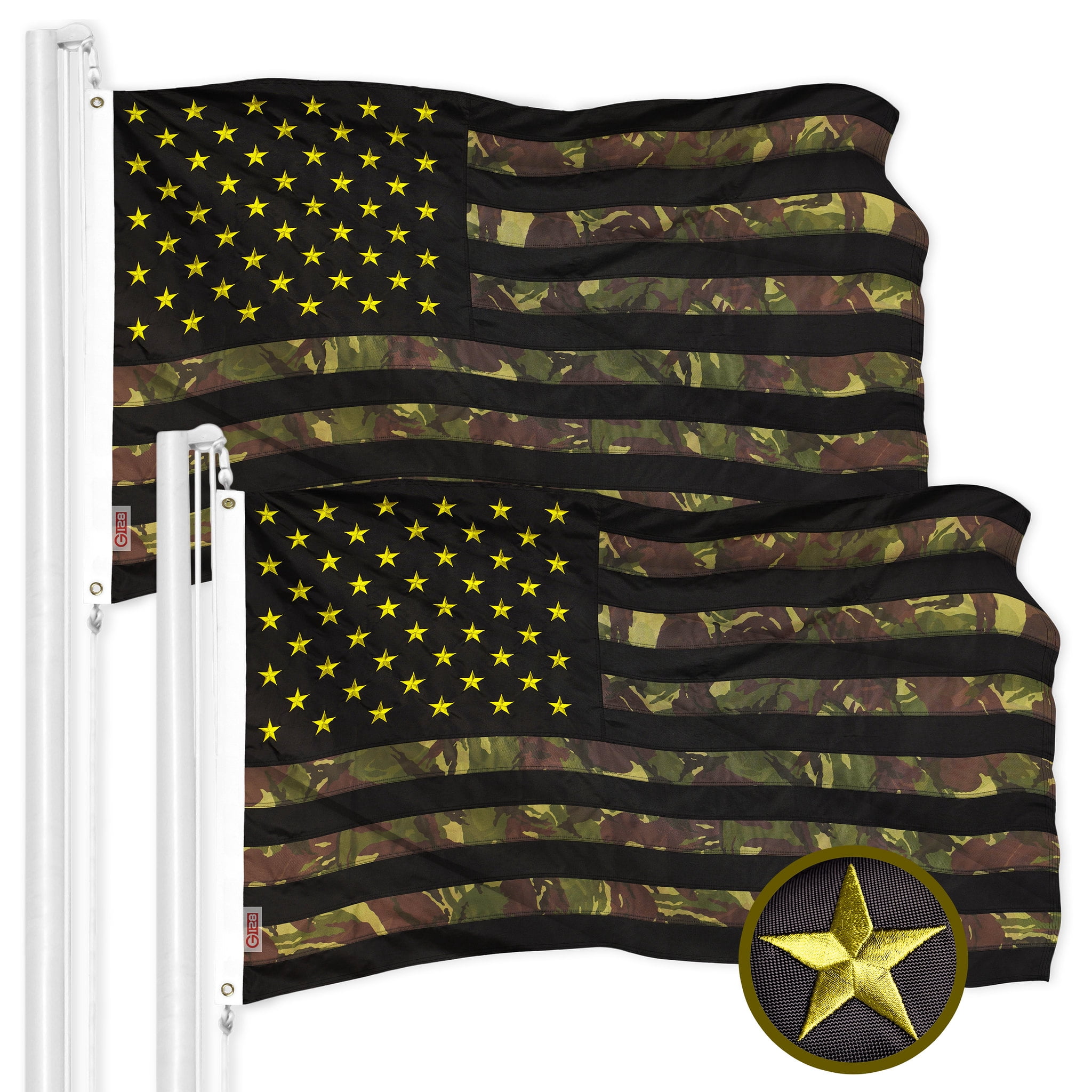G128 2 Pack: American USA Camouflage Flag | 3x5 Ft | ToughWeave Pro Series Embroidered 420D Polyester | Green Stars Camo Stripes, Embroidered Stars, Sewn Stripes, Indoor/Outdoor, Brass Grommets