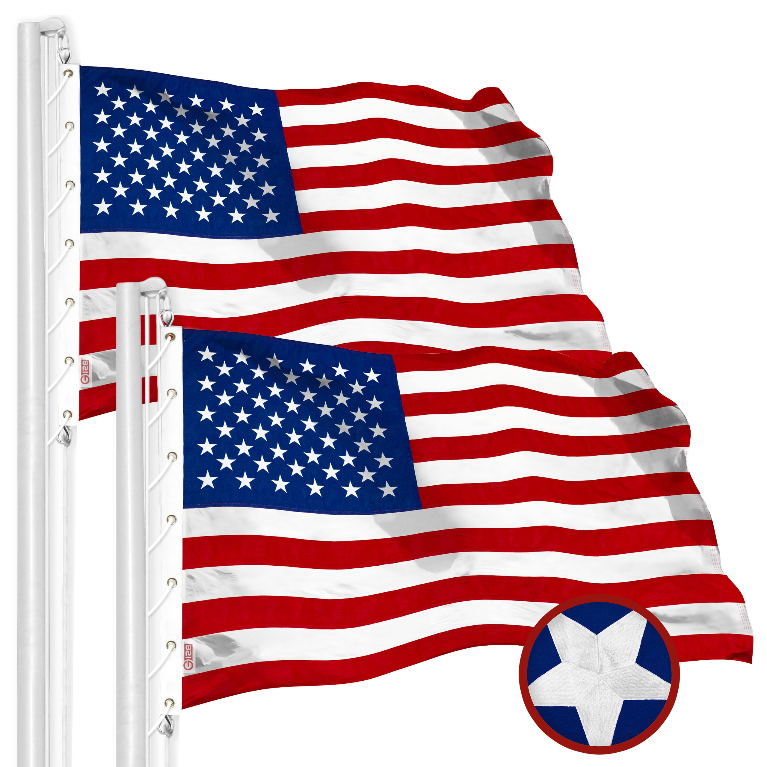 G128 2 Pack: American USA Flag | 20x30 Ft | Embroidered Spun Deluxe Polyester | Embroidered Stars, Sewn Stripes, Indoor/Outdoor, Brass Grommets