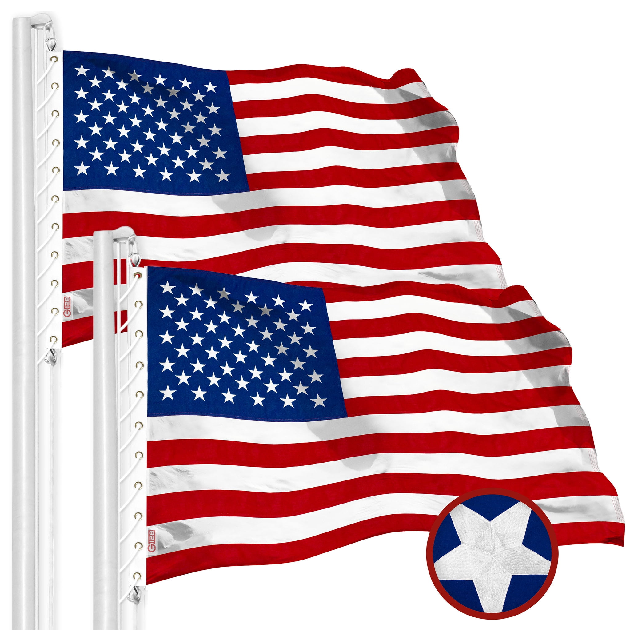 G128 2 Pack: American USA Flag | 30x60 Ft | StormFlyer Series Embroidered 220GSM Spun Polyester | Country Flag, Embroidered Stars, Sewn Stripes, Indoor/Outdoor, Brass Grommets, Heavy Duty, All Weather