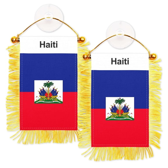 G128 2 Pack: Haiti Haitian Fringy Flag | 3x5IN | Fringy Hanging Double Sided Flag with Suction Cup, Window and Car Rearview Mirror Decor