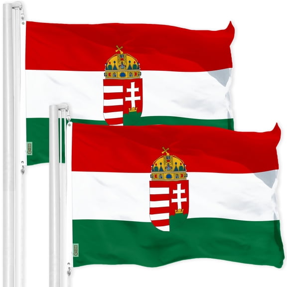 G128 2 Pack: Hungary Coat of Arms Flag | 3x5 Ft | Printed 150D Polyester - Indoor/Outdoor, Vibrant Colors, Brass Grommets, Quality Polyester, Much Thicker More Durable Than 100D 75D Polyester