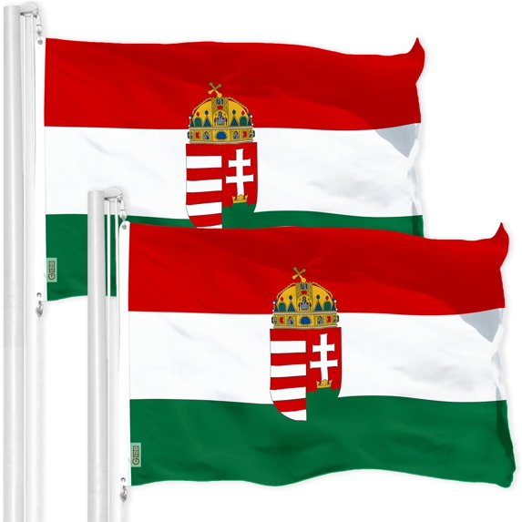 G128 2 Pack: Hungary Hungarian Coat of Arms Flag | 3x5 Ft | LiteWeave Pro Series Printed 150D Polyester | Country Flag, Vibrant Colors, Brass Grommets, Thicker and More Durable Than 100D 75D Polyester