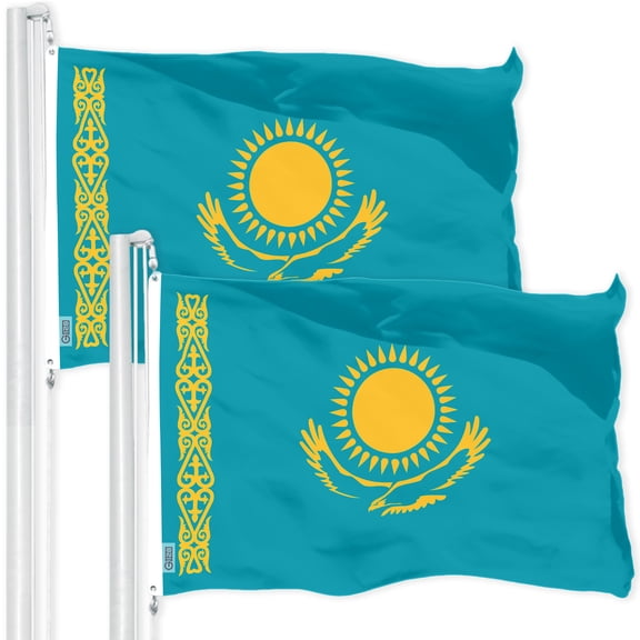 G128 2 Pack: Kazakhstan Kazakhstani Flag | 3x5 Ft | LiteWeave Pro Printed 150D Polyester | Country Flag, Indoor/Outdoor, Vibrant Colors, Brass Grommets, Thicker and More Durable Than 100D 75D Poly