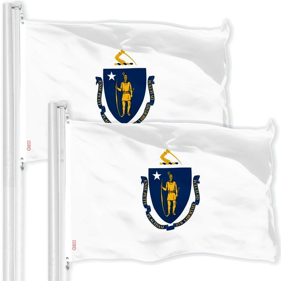 G128 2 Pack: Massachusetts MA State Flag | 3x5 Ft | Printed 150D Polyester - Indoor/Outdoor, Vibrant Colors, Brass Grommets, Quality Polyester, Much Thicker More Durable Than 100D 75D Polyester