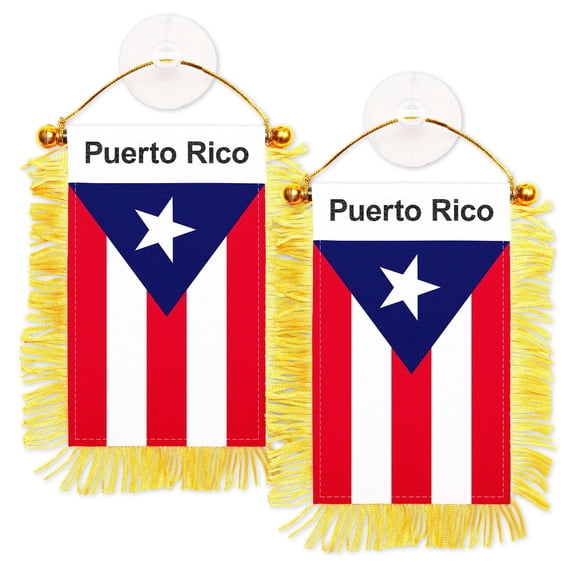 G128 2 Pack: Puerto Rico Fringy Flag | 3x5IN | Fringy Hanging Double Sided Flag with Suction Cup, Window and Car Rearview Mirror Decor