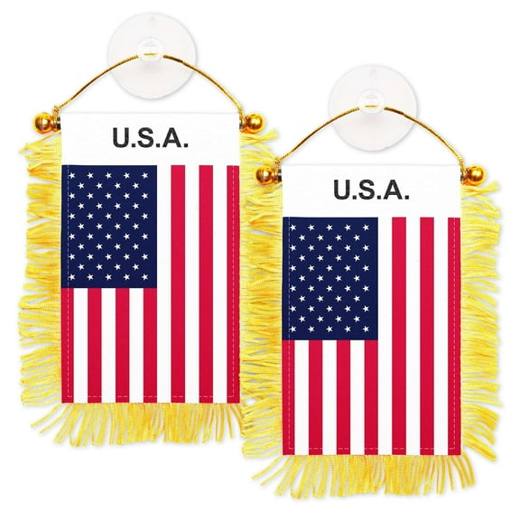 G128 2 Pack: USA American Fringy Flag | 3x5IN | Fringy Hanging Double Sided Flag with Suction Cup, Window and Car Rearview Mirror Decor