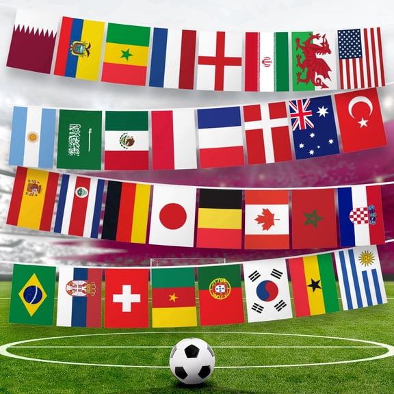G128 International Soccer Bunting Flag Banner | 11 x 7.5 Inch Pennants, 40 ft String | LiteWeave Pro Series Printed 150D Polyester | Decorations for School, Festival, Sports Events, Fan Celebrations