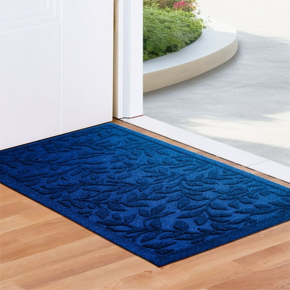 G128 23x35in Blue Floral Leaf Welcome Mat, Outdoor Front Door Rug for Entryway, Durable Doormat for Porch, Patio, or Indoor/Outdoor Use