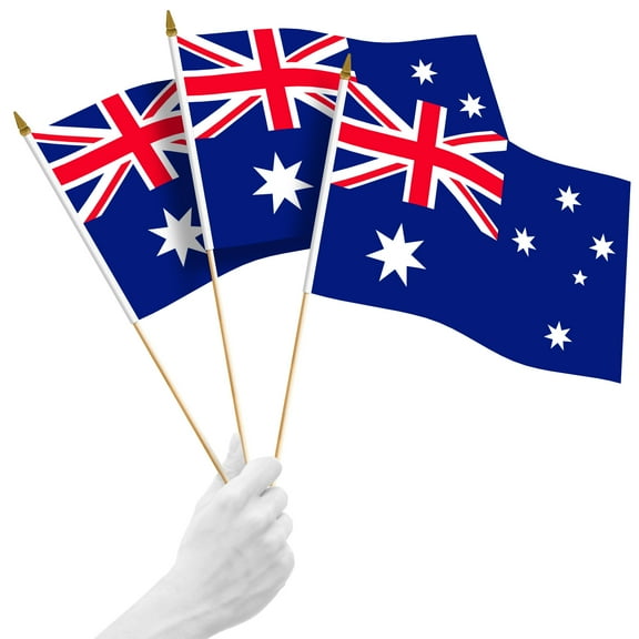 G128 24 Pack Handheld Australia Australian Stick Flags | 12x18 In | Printed 150D Polyester, Country Flag, Solid Wooden Stick, Spear Gold Tip