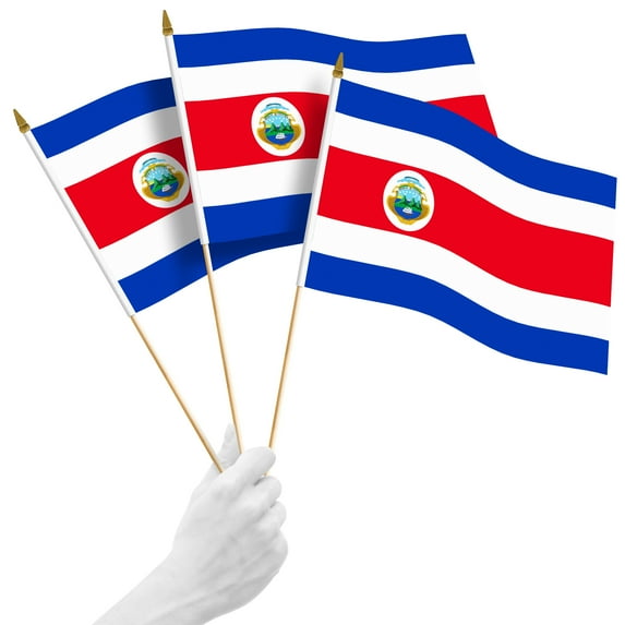 G128 24 Pack Handheld Costa Rica Costa Rican Stick Flags | 12x18 In | Printed 150D Polyester, Country Flag, Solid Wooden Stick, Spear Gold Tip