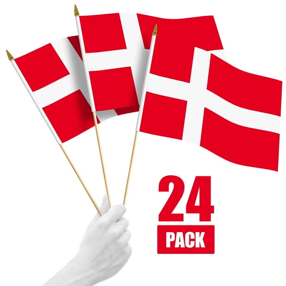 G128 24 Pack Handheld Denmark Danish Stick Flags | 12x18 In | Printed 150D Polyester, Country Flag, Solid Wooden Stick, Spear Gold Tip