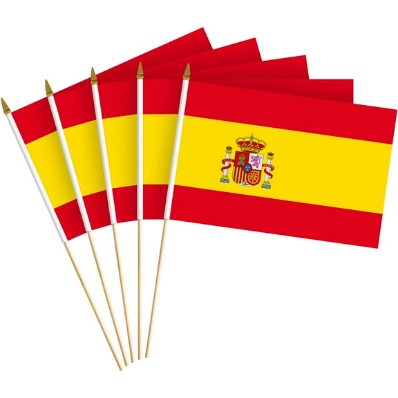 G128 24 Pack Handheld Spain Spanish Stick Flags | 8x12 In | Printed 150D Polyester, Country Flag, Solid Wooden Stick, Spear Gold Tip