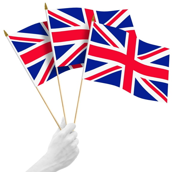 G128 24 Pack Handheld United Kingdom UK Stick Flags | 12x18 In | Printed 150D Polyester, Country Flag, Solid Wooden Stick, Spear Gold Tip