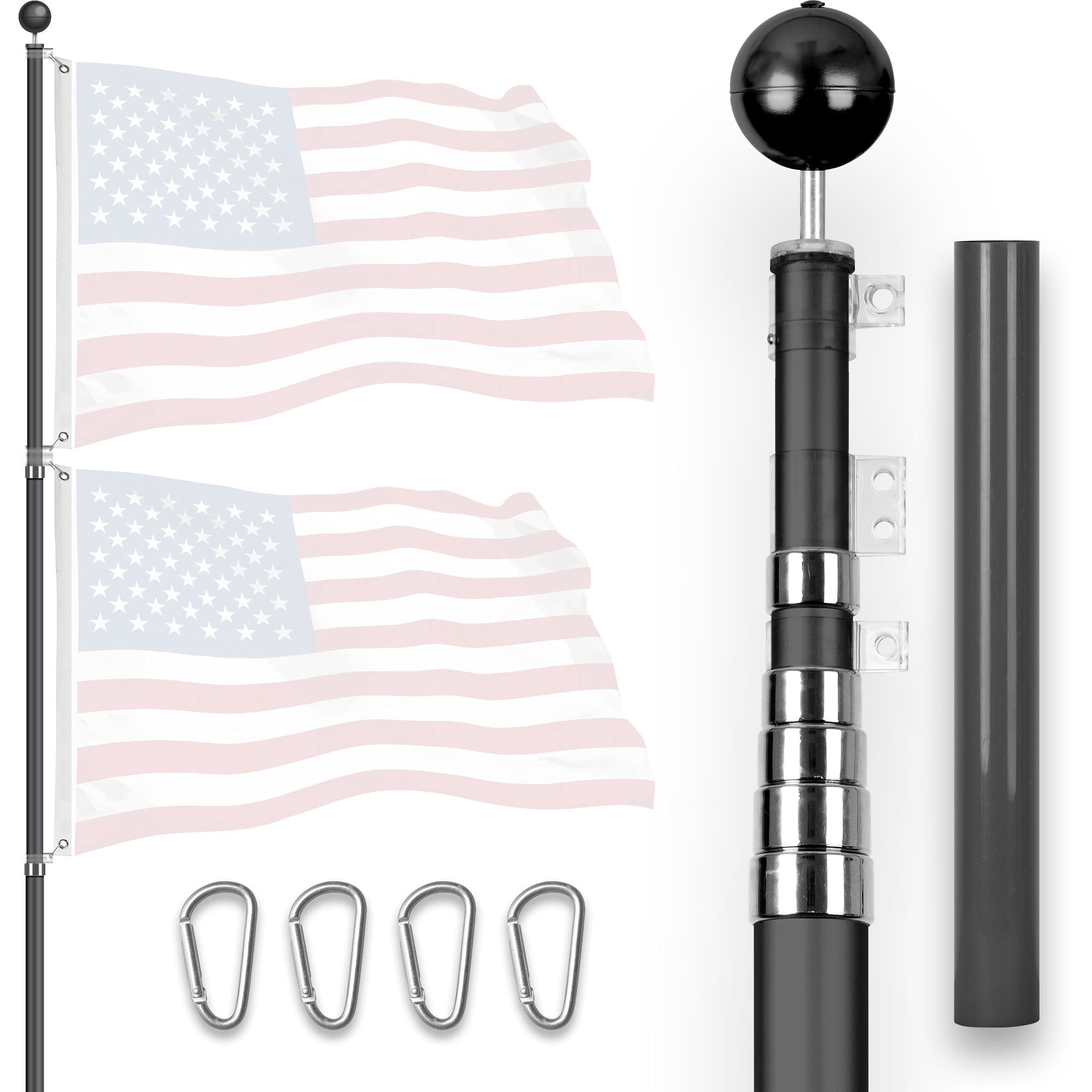 G128-25 Ft Telescoping Flag Pole Aluminum Black | Flag Poles for Outdoor/Ground Heavy Duty | Flag EXCLUDED