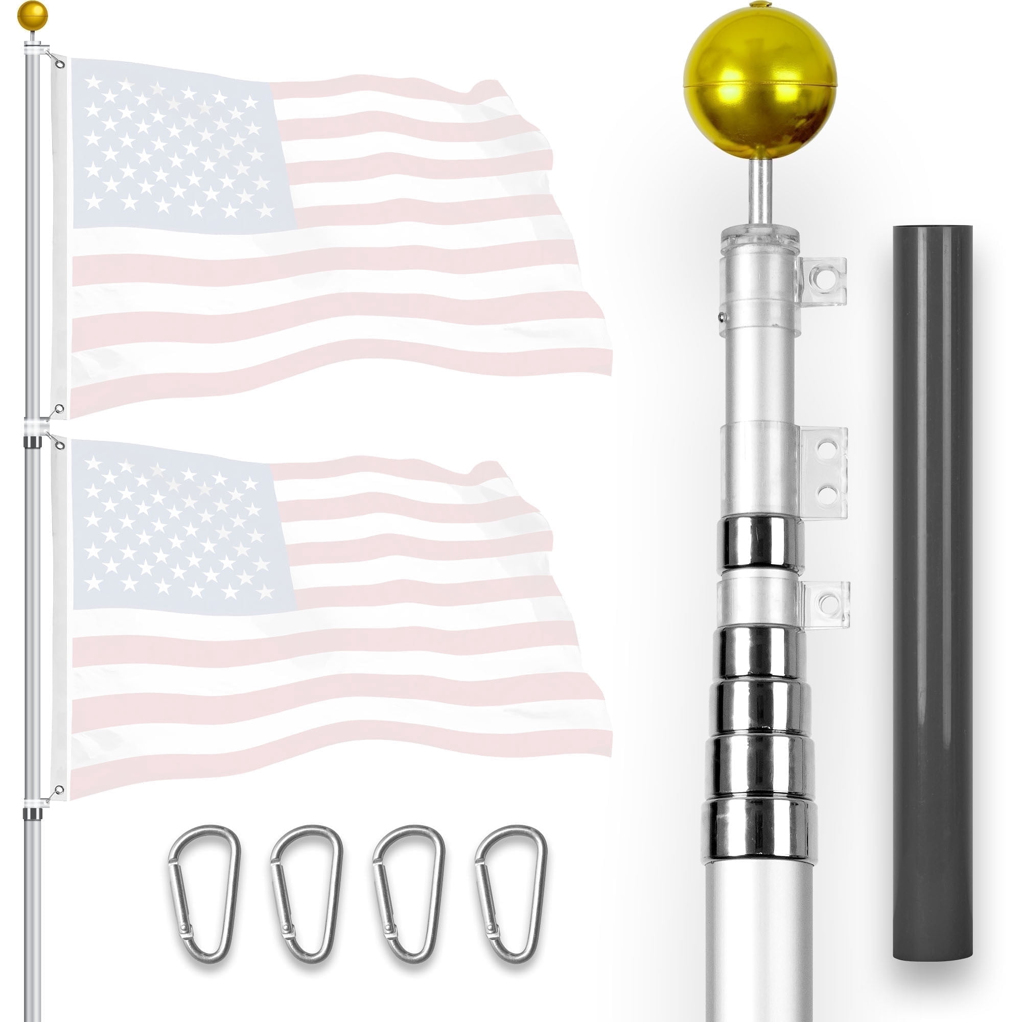 G128-25 Ft Telescoping Flag Pole Aluminum Silver |Flag Poles for Outdoor/Ground Heavy Duty | Flag EXCLUDED