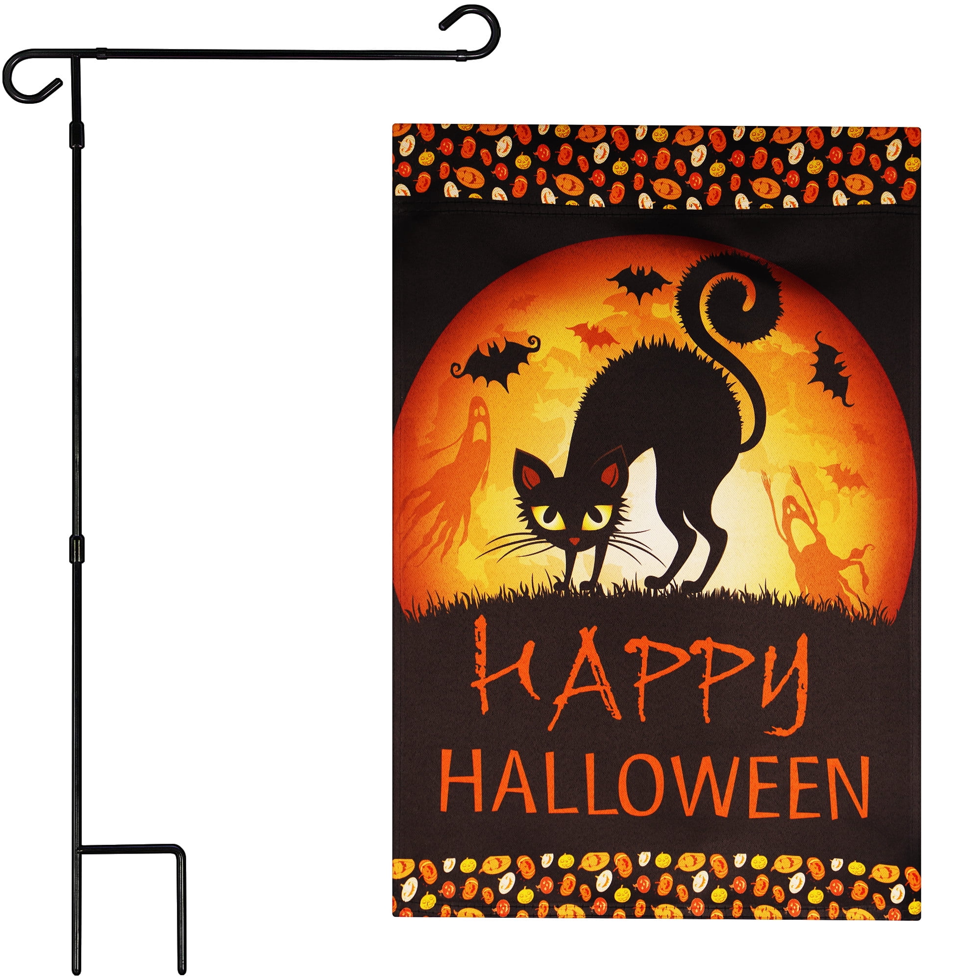 G128 Double-Sided Halloween Garden Set 12"x18" with 36"x16" Garden Flag Holder Stand Outdoor Porch