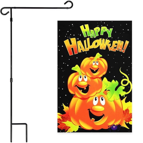 G128 Double-Sided Halloween Garden Flag 12x18" with 36x16" Holder Stand, 2 Sets Outdoor Decor