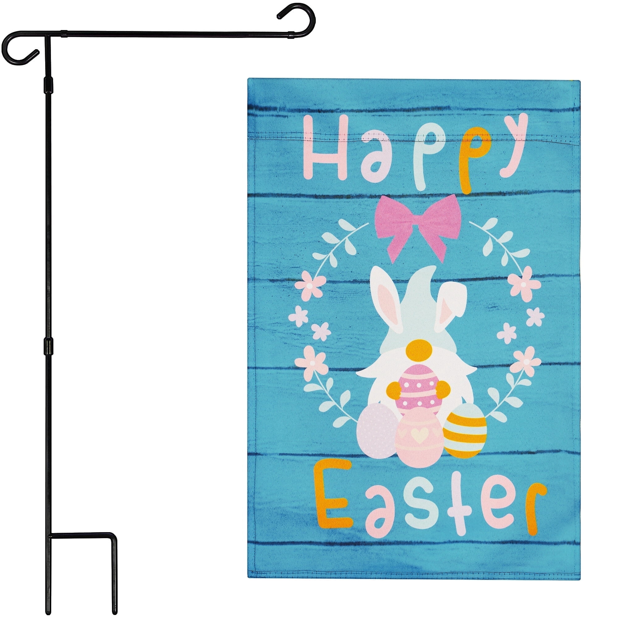 G128 2sets: 36"x16" Black Garden Flag Stand & Double-Sided 12"x18" Easter Flags Rabbit Gnome Eggs