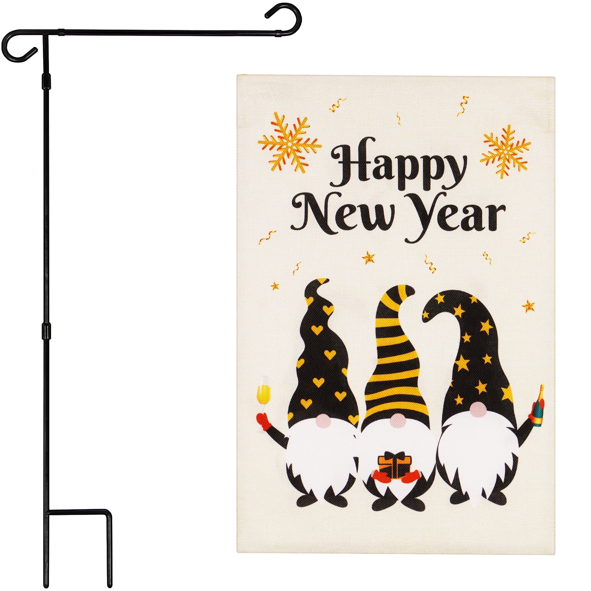 G128 Set: 36"x16" Garden Stand AND 12"x18" Double-sided New Year Garden Flag Three Gnomes Burlap