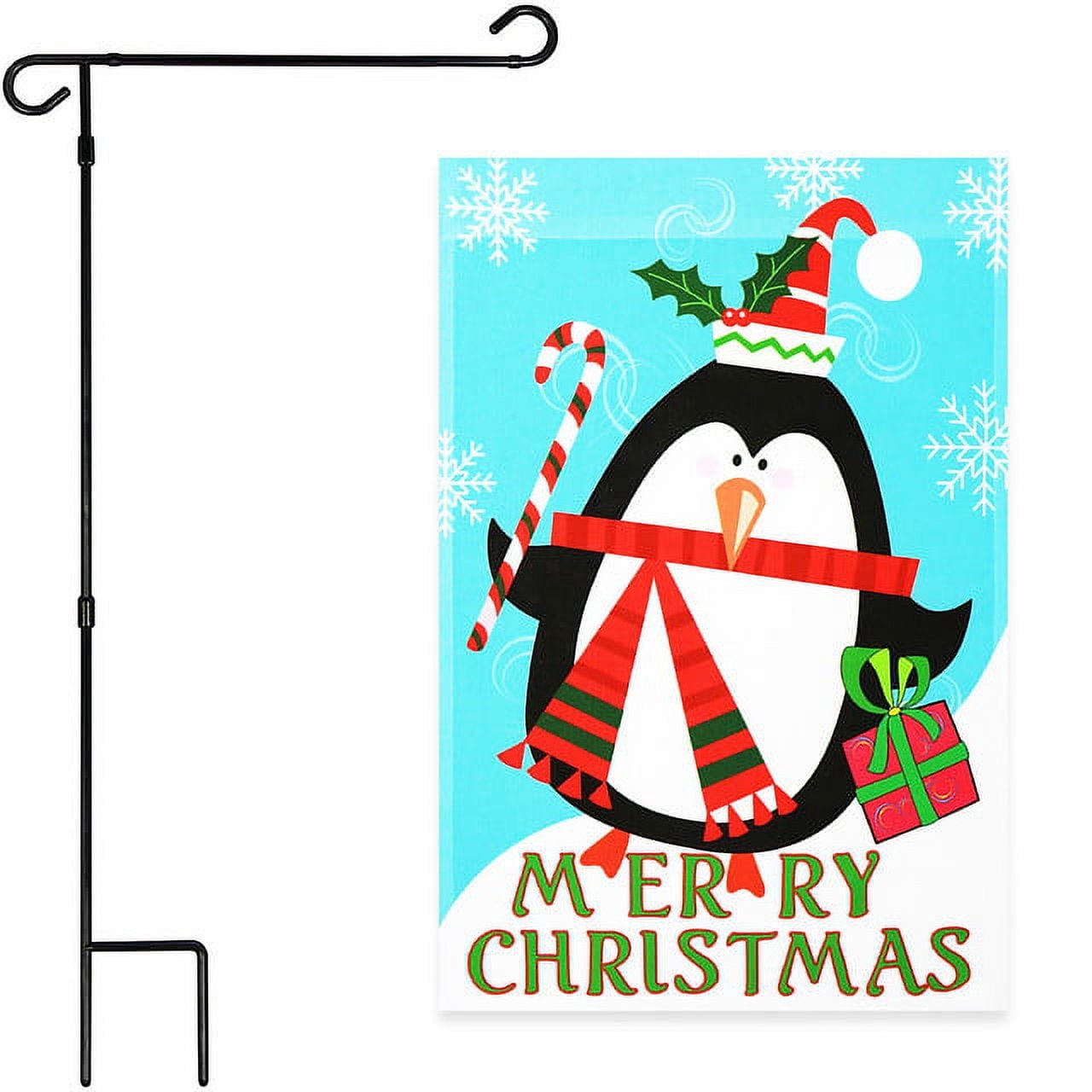 G128 2sets: 36"x16" Garden Yard Flag Stand Black & 12"x18" Christmas Garden Flag Penguin Candy Cane